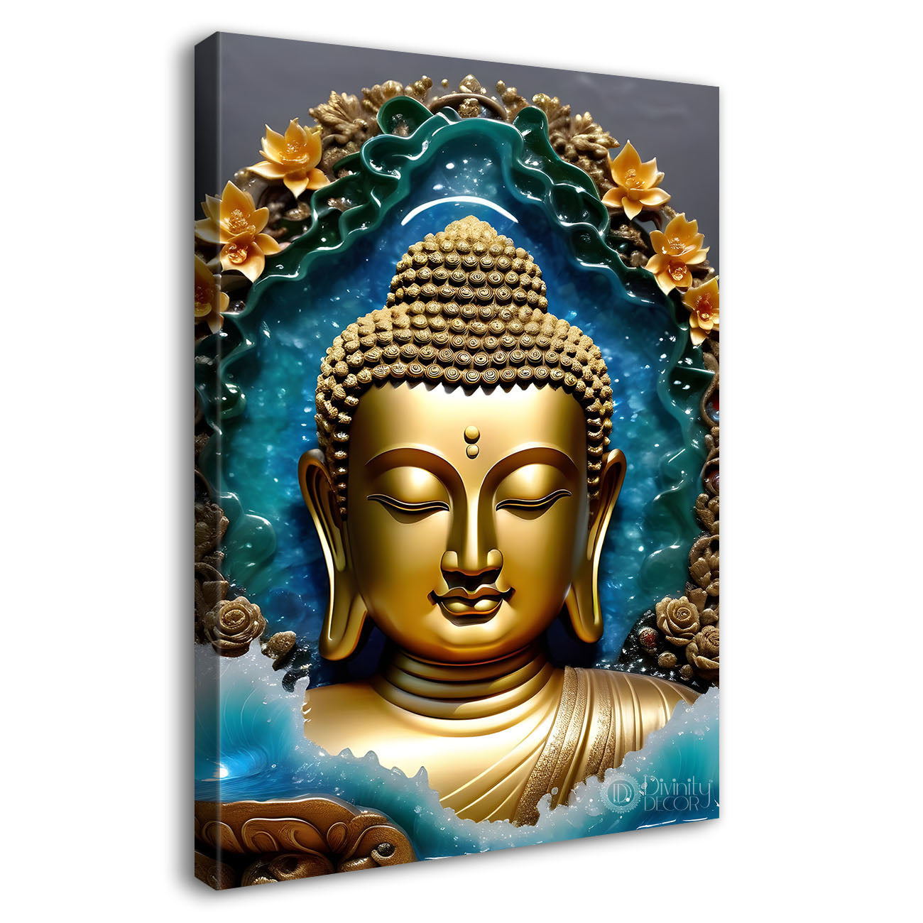Golden textured buddha with blue background - Buddha-V-135