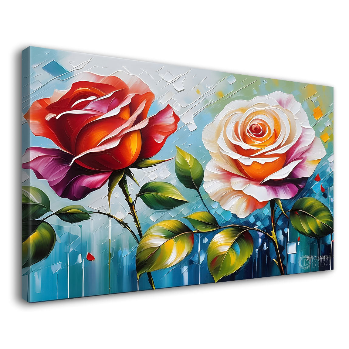 Pink and red flowers with blue textured background painting- Design - Flower-135