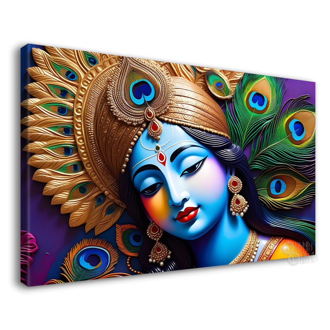 Blue face of Krishna with peacock feather background painting Canvas Painting - Design - Krishna-135