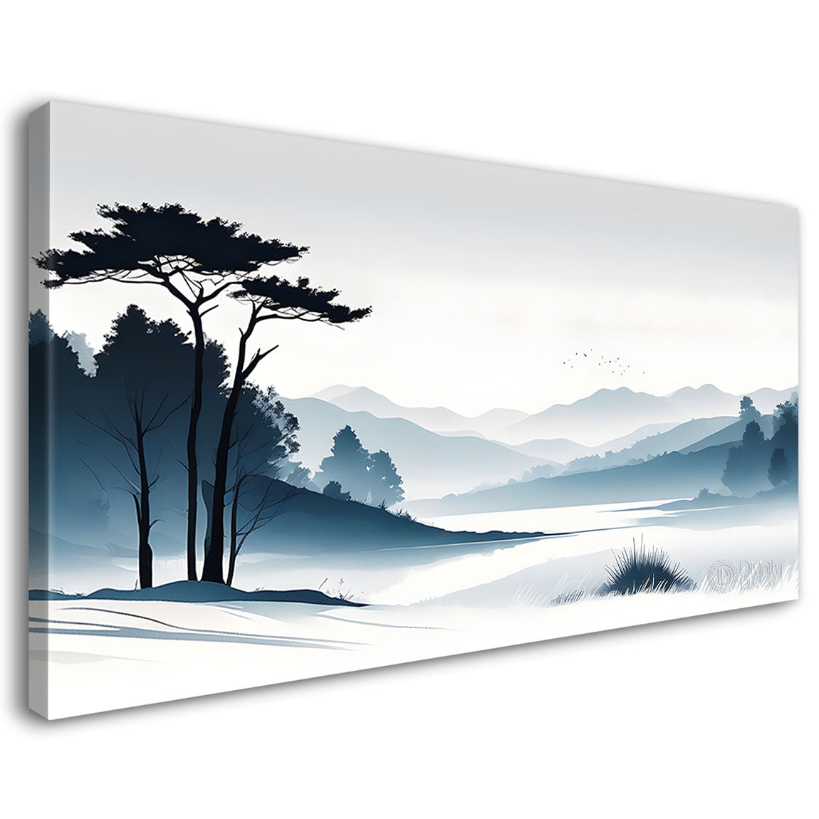 Mountains with trees in textured water color painting Canvas Painting - Nature Art -135