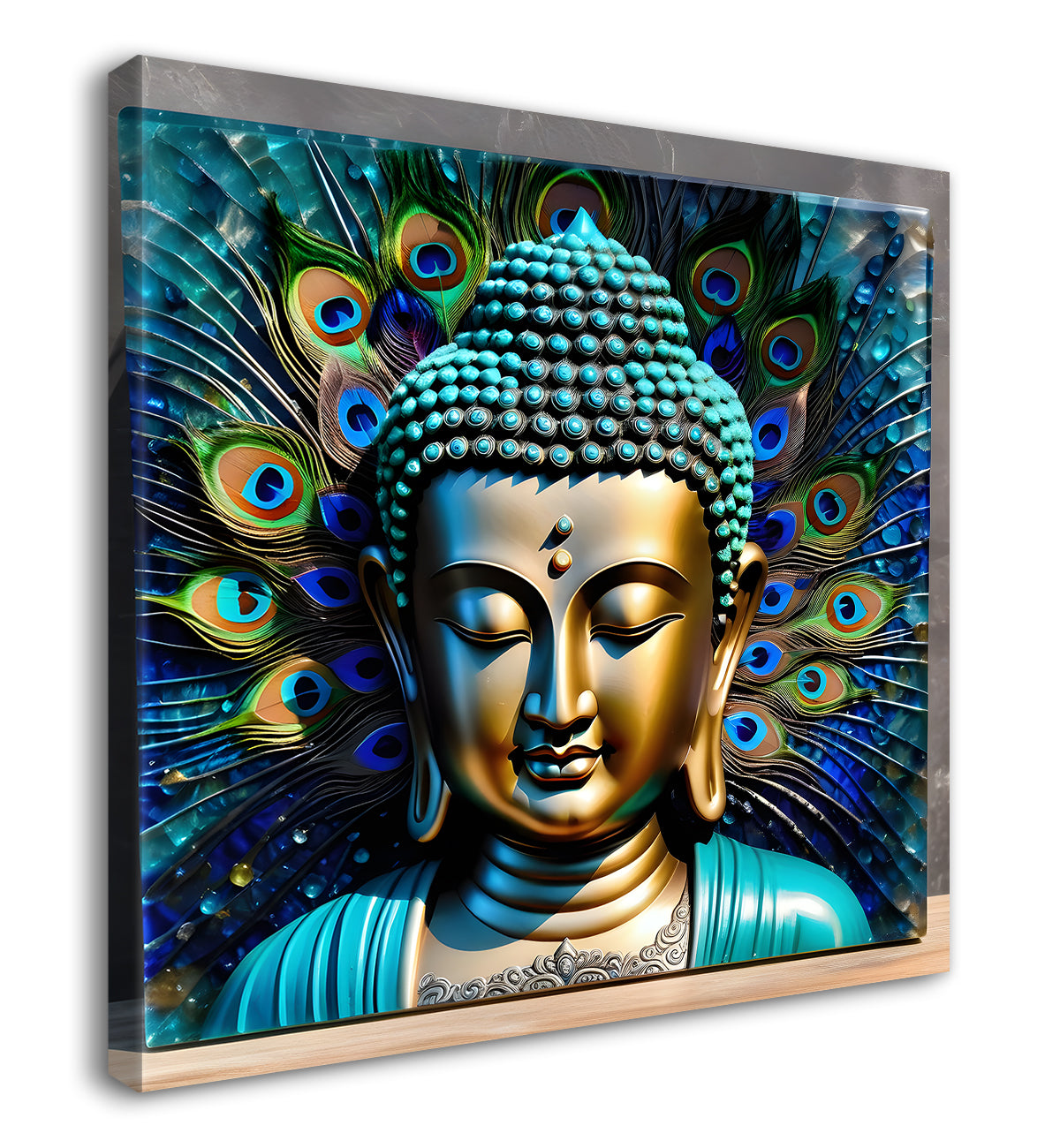 Lord Buddha Rasin art marble finish with peacock feather Golden painting 24x24 inch Buddha-S-135
