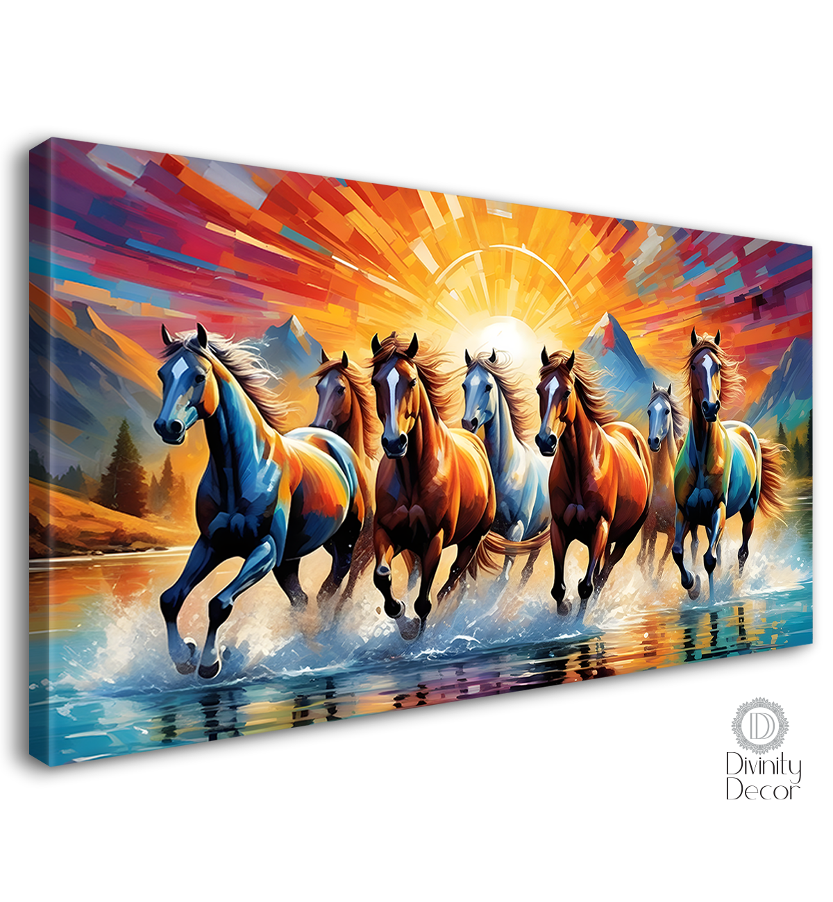 Brown horses running on the water with mountains and sunrise textured background art Canvas Painting - Design - Horse-136