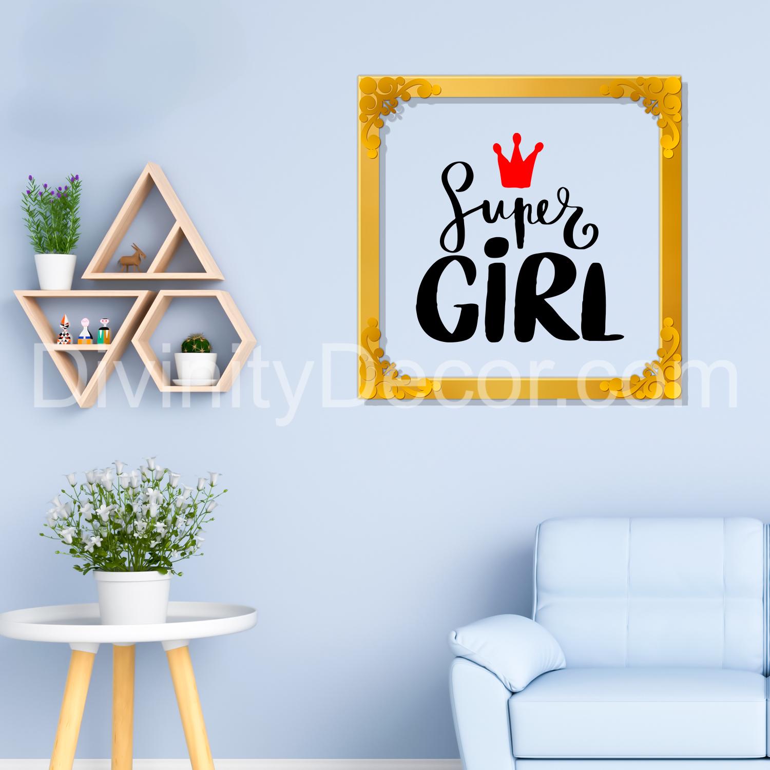 Super girl Golden Plaque for Gifting, Wall Decor Clear UV print with Golden Border-136