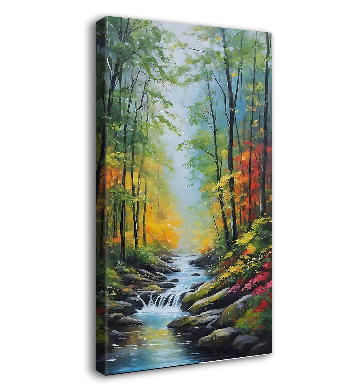Trees with colourful flowers and lake in textured painting Canvas Painting - Nature Art -V-136