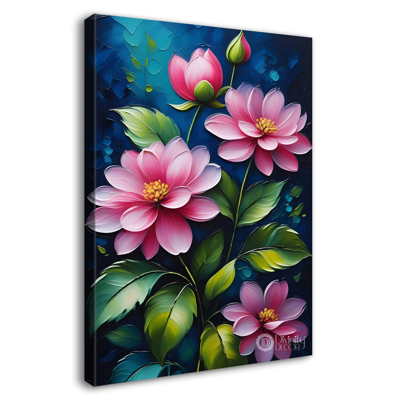 Pink flowers in navy blue textured background painting- Flower-V-136