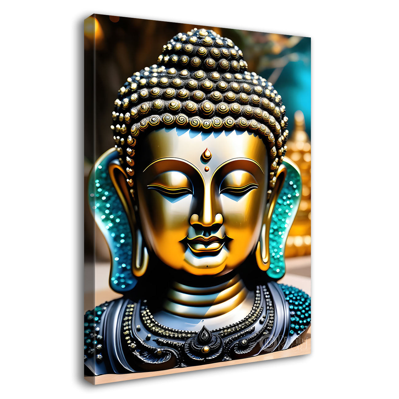Golden textured buddha with blue background - Buddha-V-136