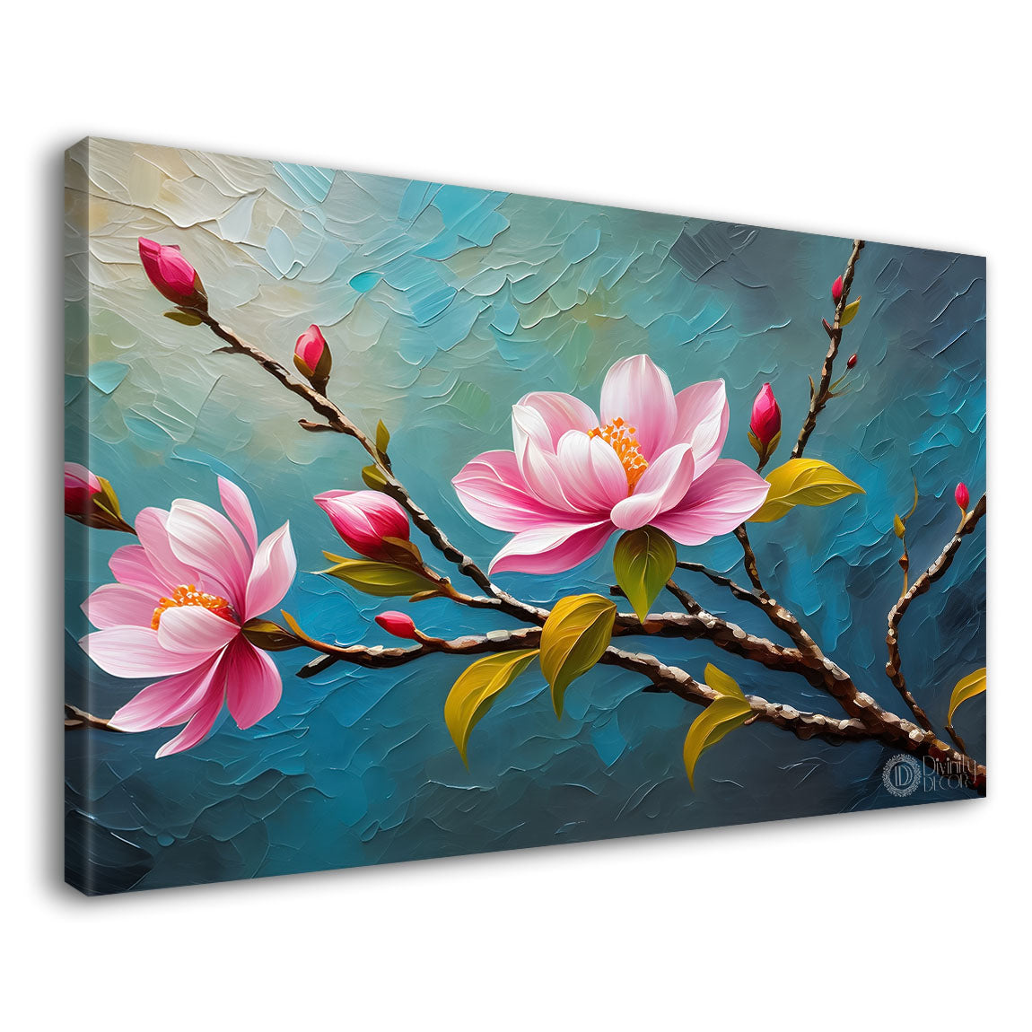 Pink flowers with blue textured background painting- Design - Flower-136