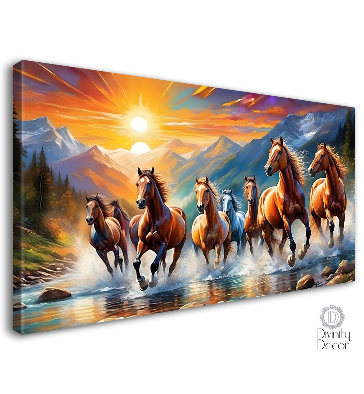 Brown horses running on the water with mountains and sunset textured background art Canvas Painting - Design - Horse-137
