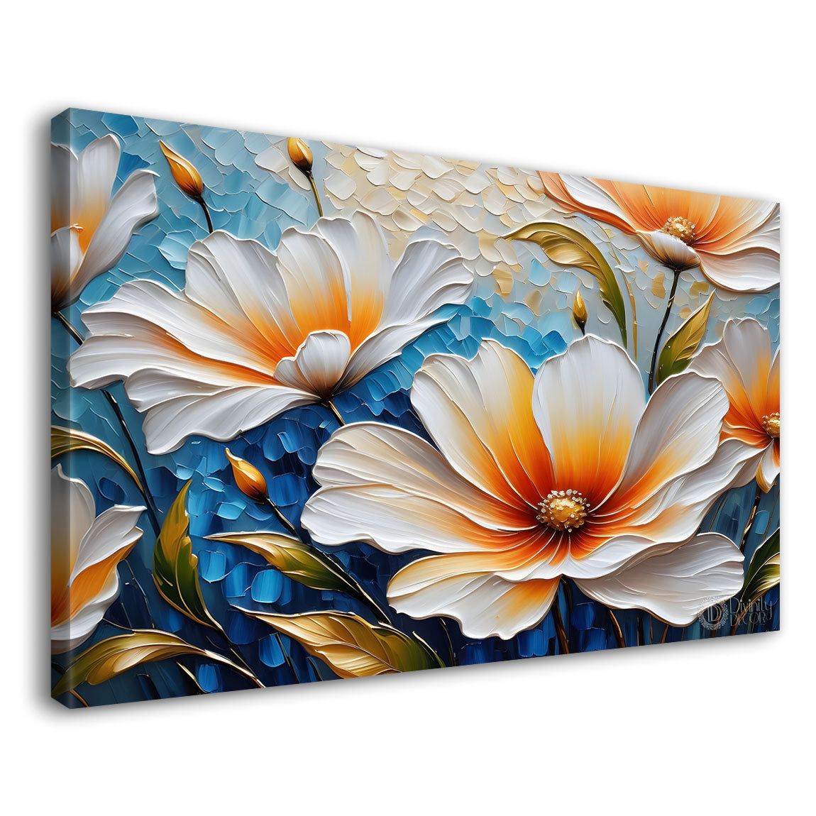 White flowers with blue textured background painting- Design - Flower-137