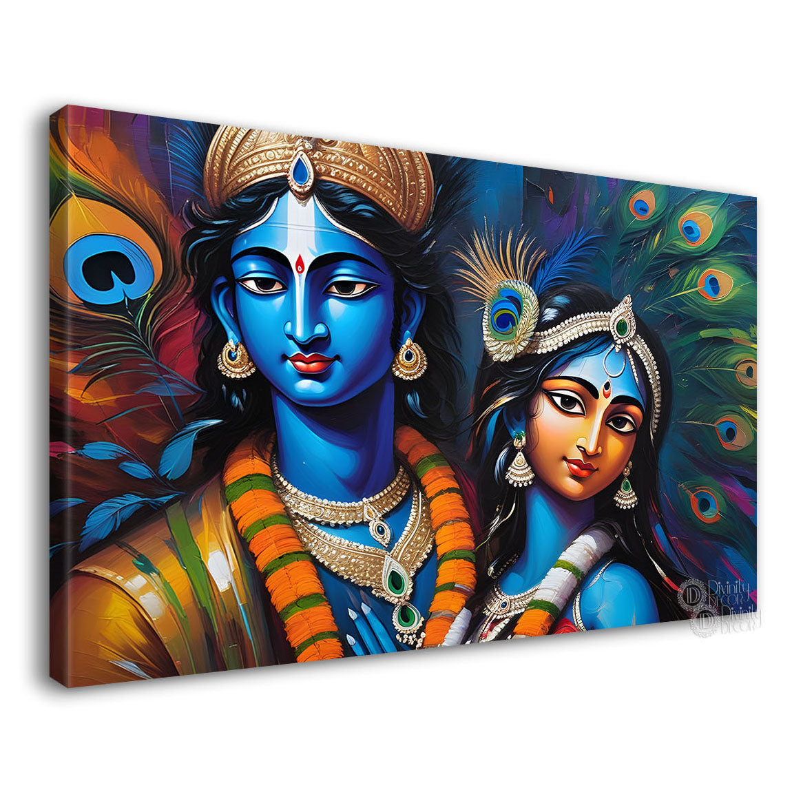 Blue face of Krishna and Radha with blue and peacock feather background painting Canvas Painting - Design - Krishna-137