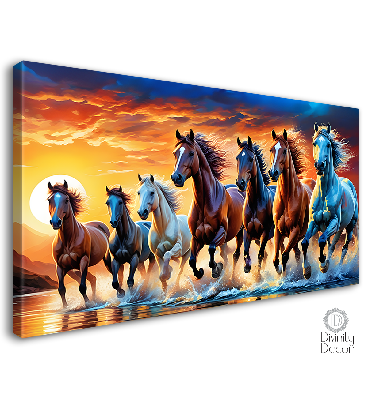 Brown horses running on the water with mountains and sunrise textured background art Canvas Painting - Design - Horse-138