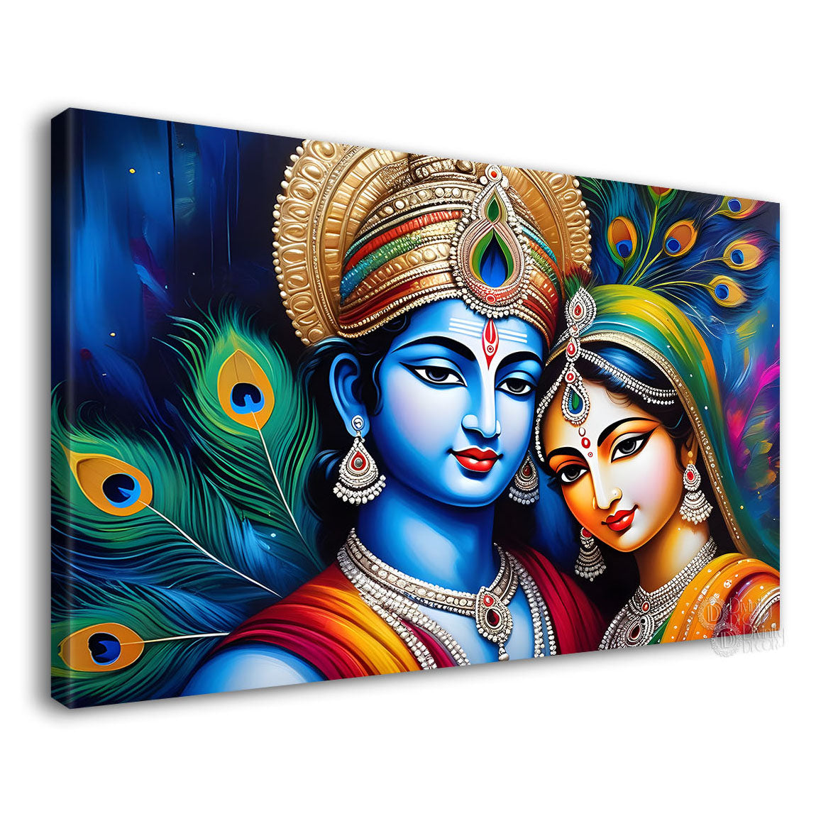 Blue face of Krishna and Radha with blue and peacock feather background painting Canvas Painting - Design - Krishna-138