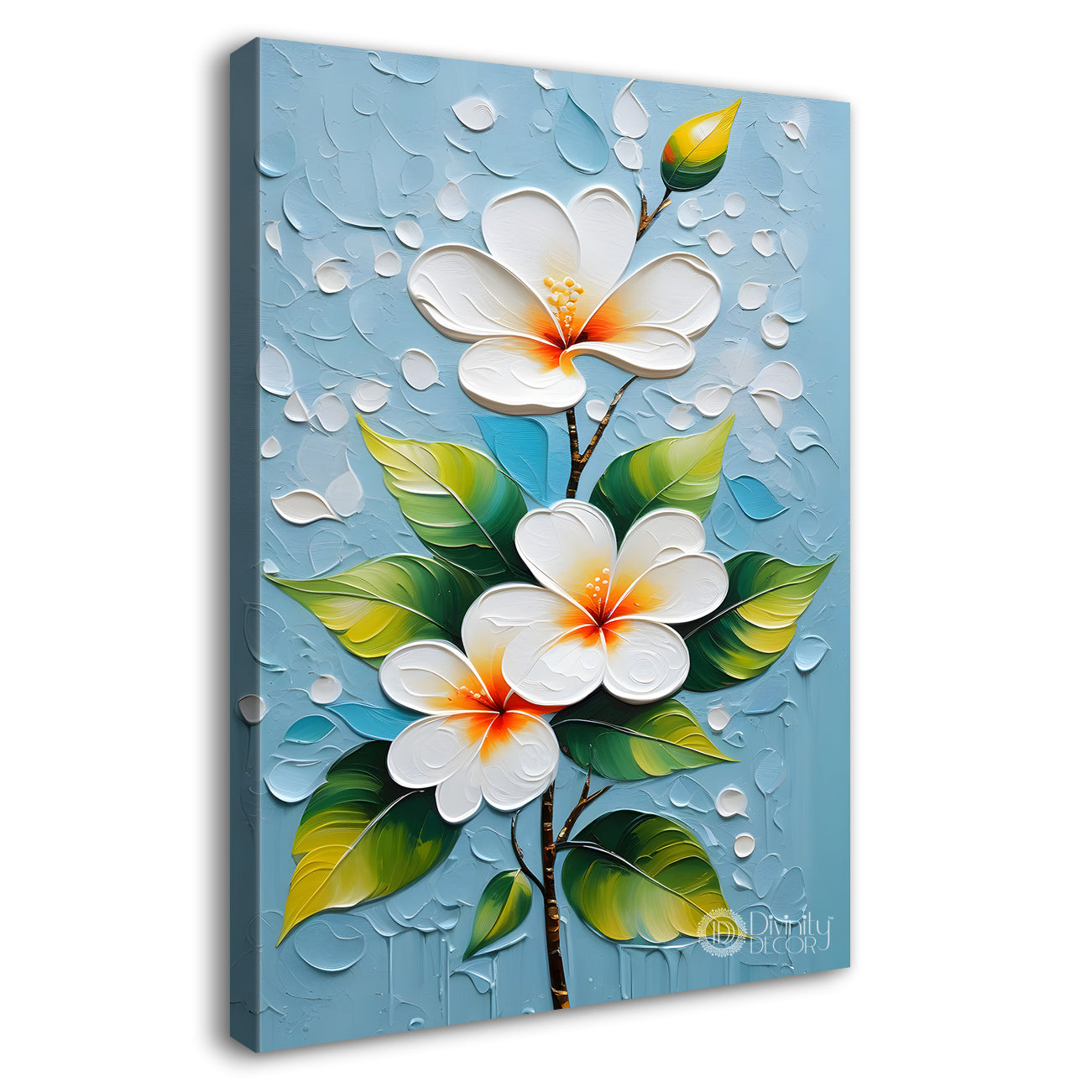 White flowers in sky blue textured background painting- Flower-V-138