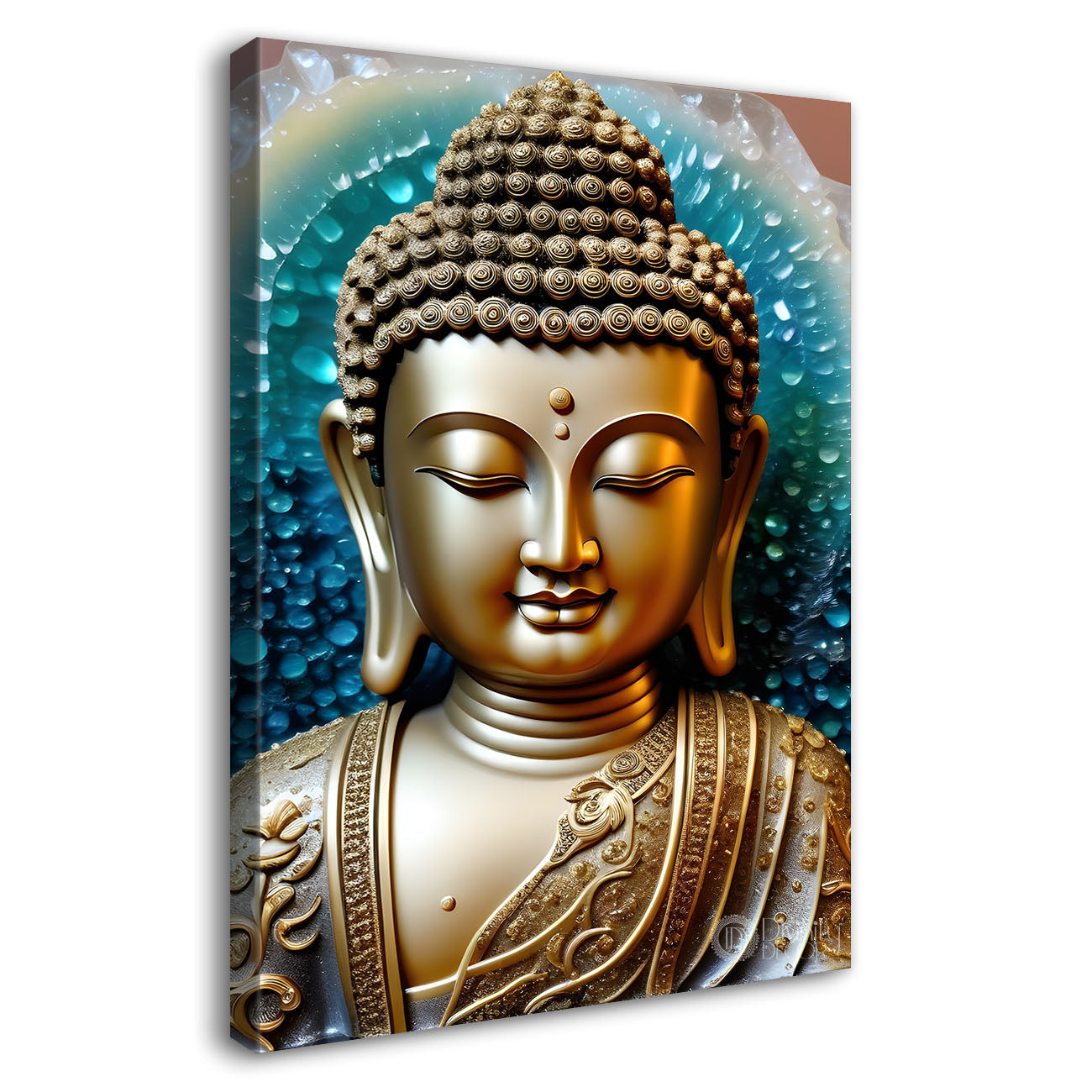 Golden textured buddha with blue background - Buddha-V-138