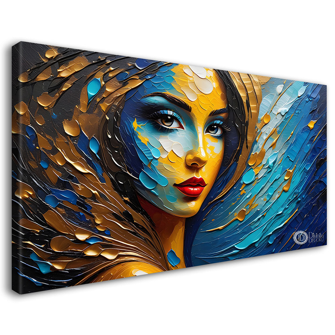 Beautiful women face in golden and blue theme Canvas Painting - Design - Modern-L-138
