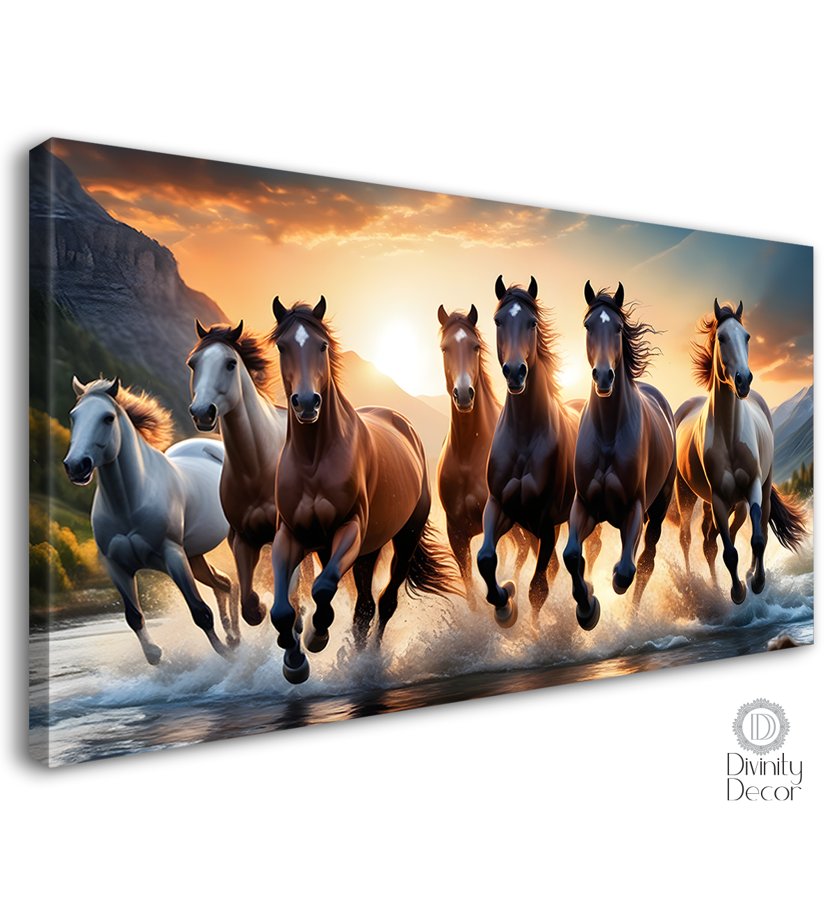 Brown horses running on the water with mountains and sunrise textured background art Canvas Painting - Design - Horse-139