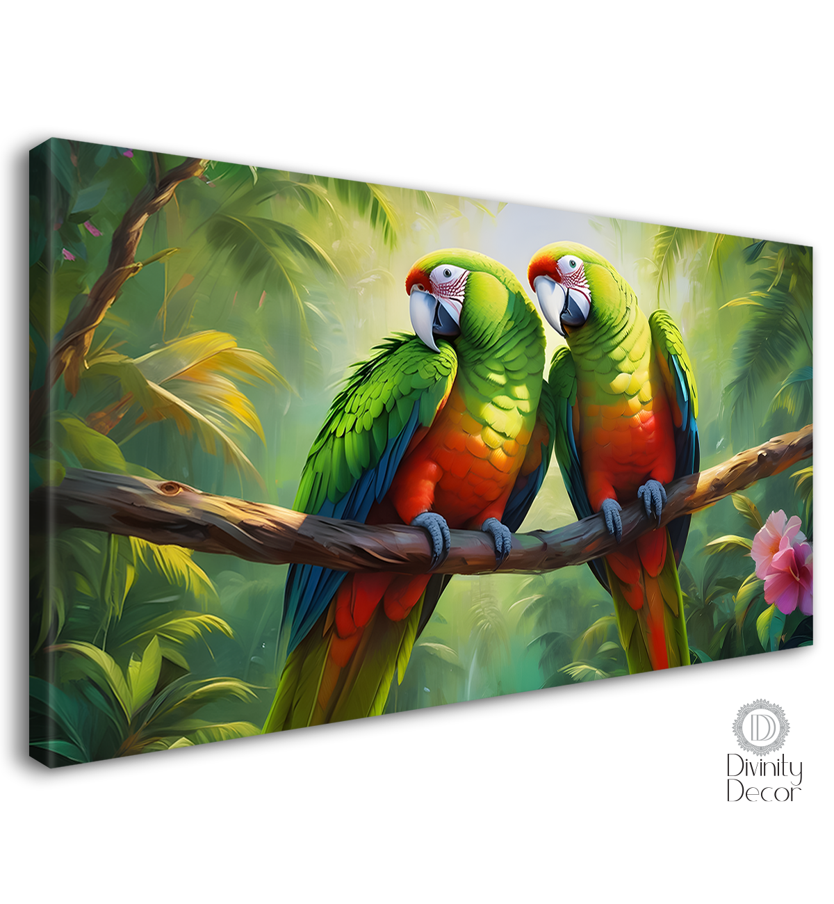 Two parrots on the branch with green background textured art. - Design - Animal - 139