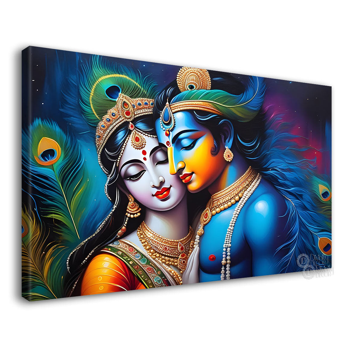 Blue face of Krishna and Radha with blue and peacock feather background painting Canvas Painting - Design - Krishna-139
