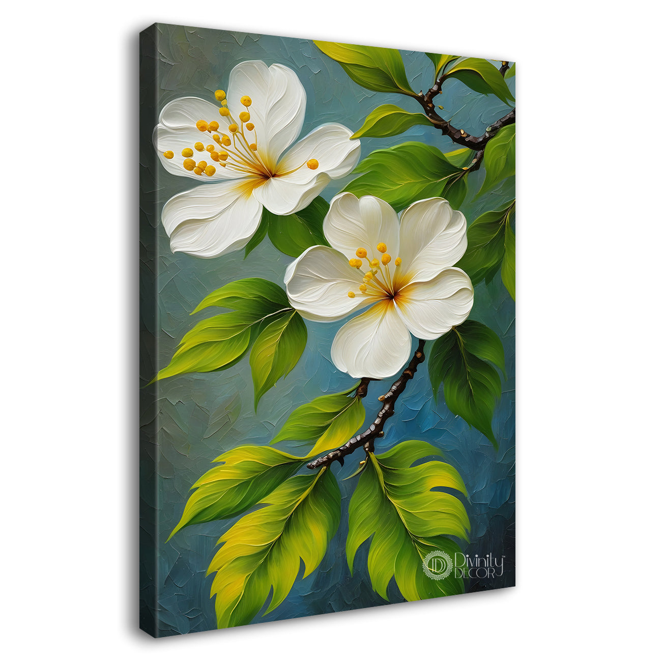 White flowers in green textured background painting- Flower-V-139