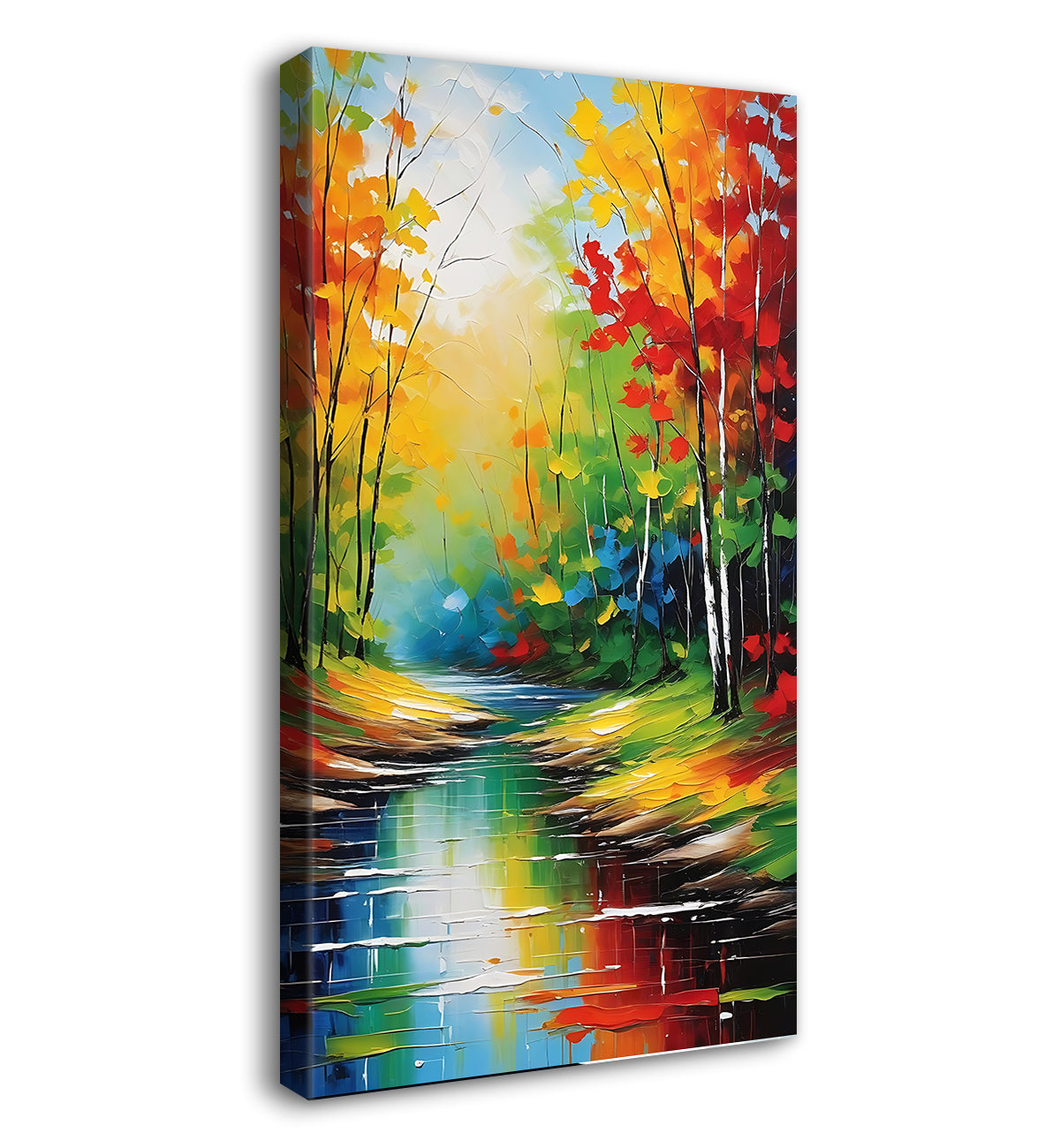 Colourful treeswith lake in textured painting Canvas Painting - Nature Art -V-139