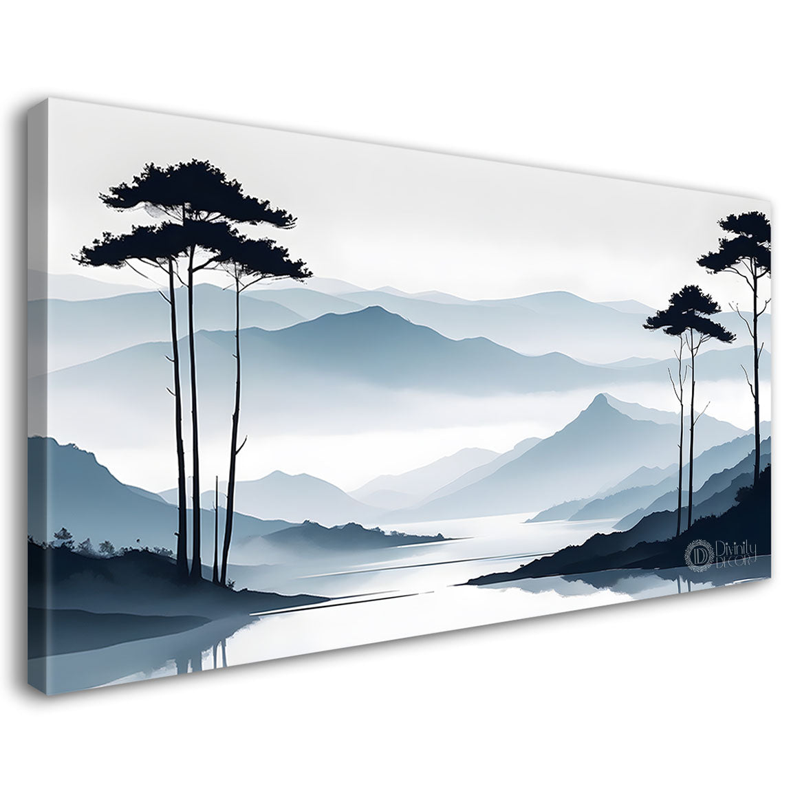 Mountains with trees in textured water color painting Canvas Painting - Nature Art -139