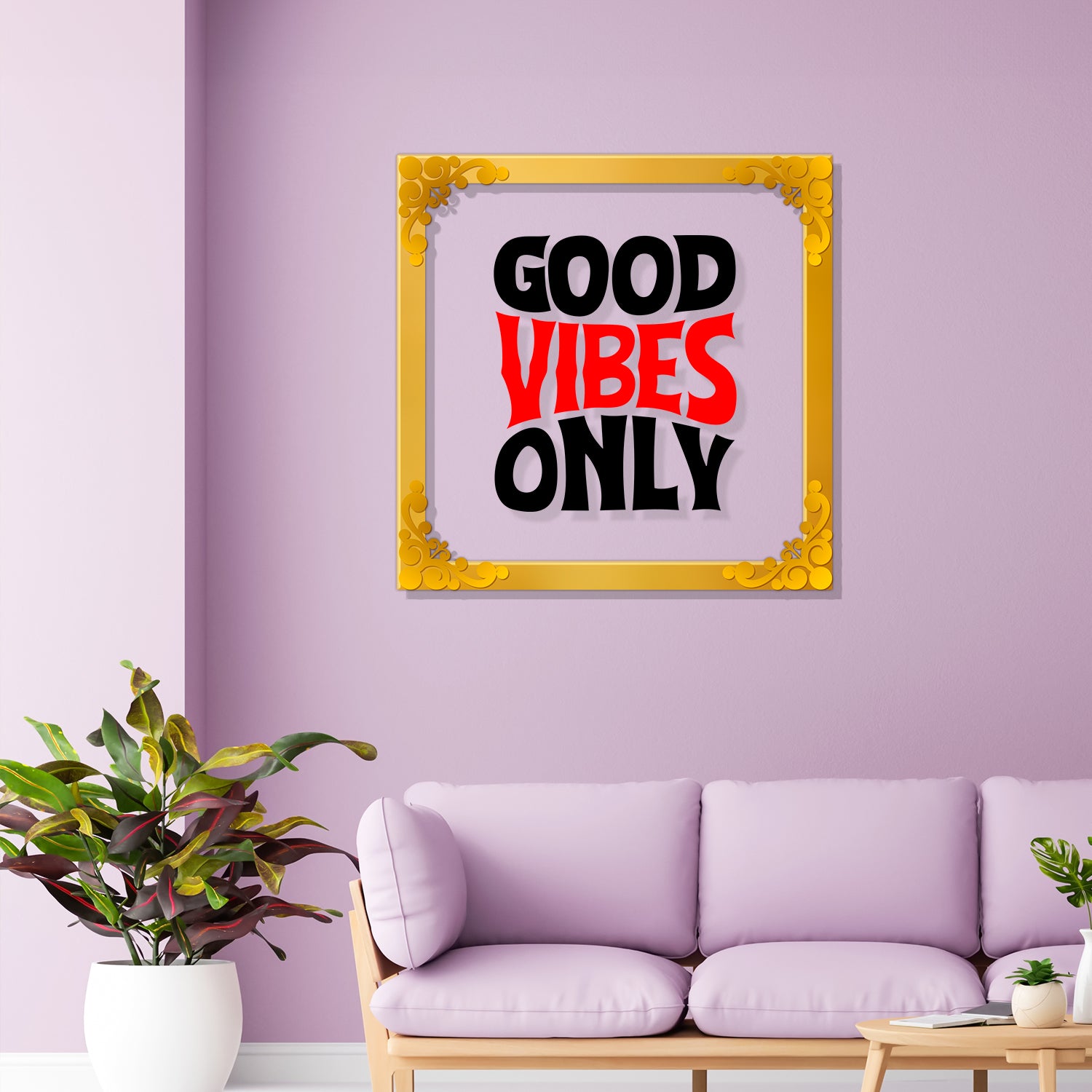 Good vibes only Golden Plaque for Gifting, Wall Decor Clear UV print with Golden Border-13