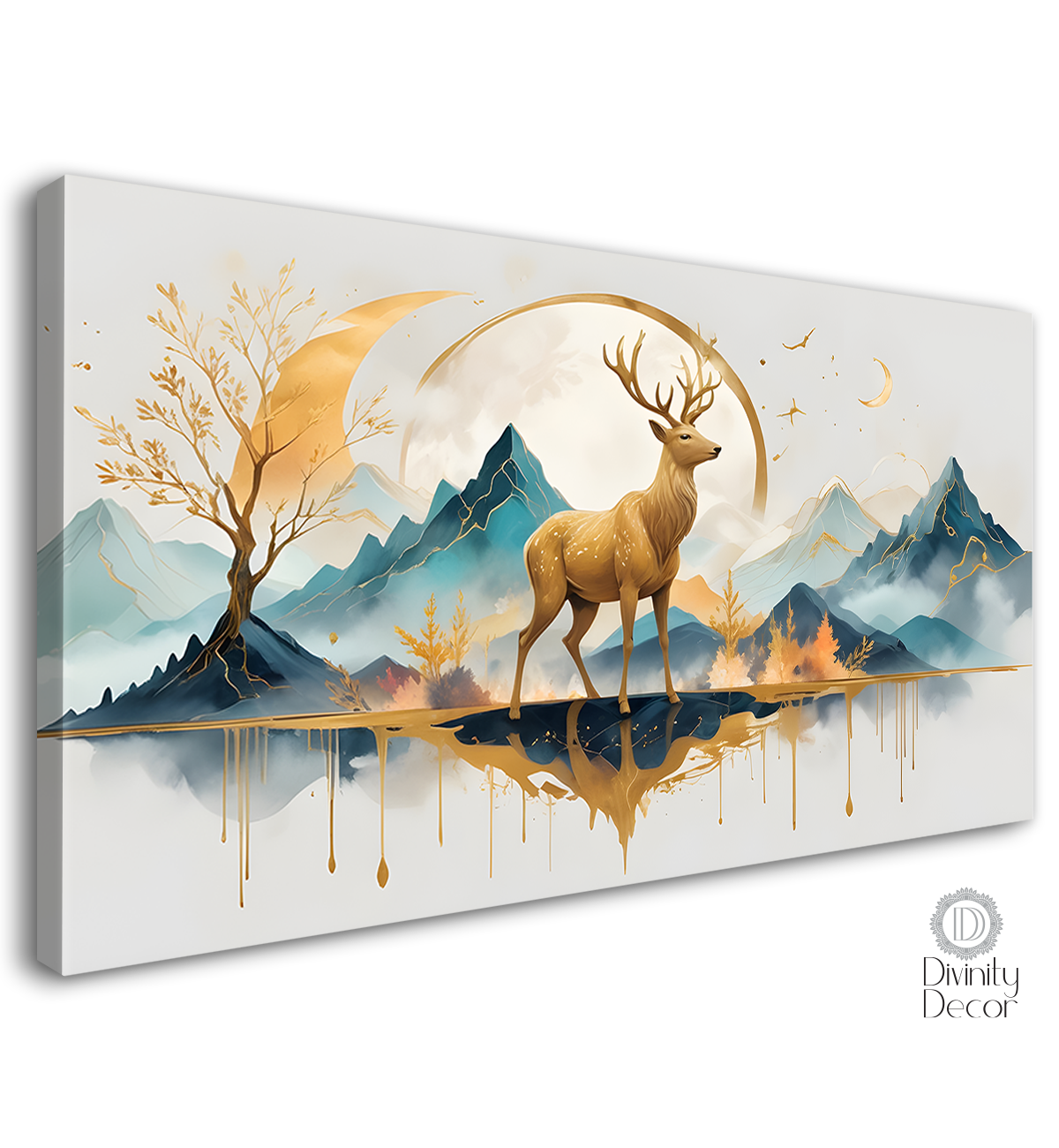 Golden Deer with mountains and moon in textured art.- Design - Animal -13
