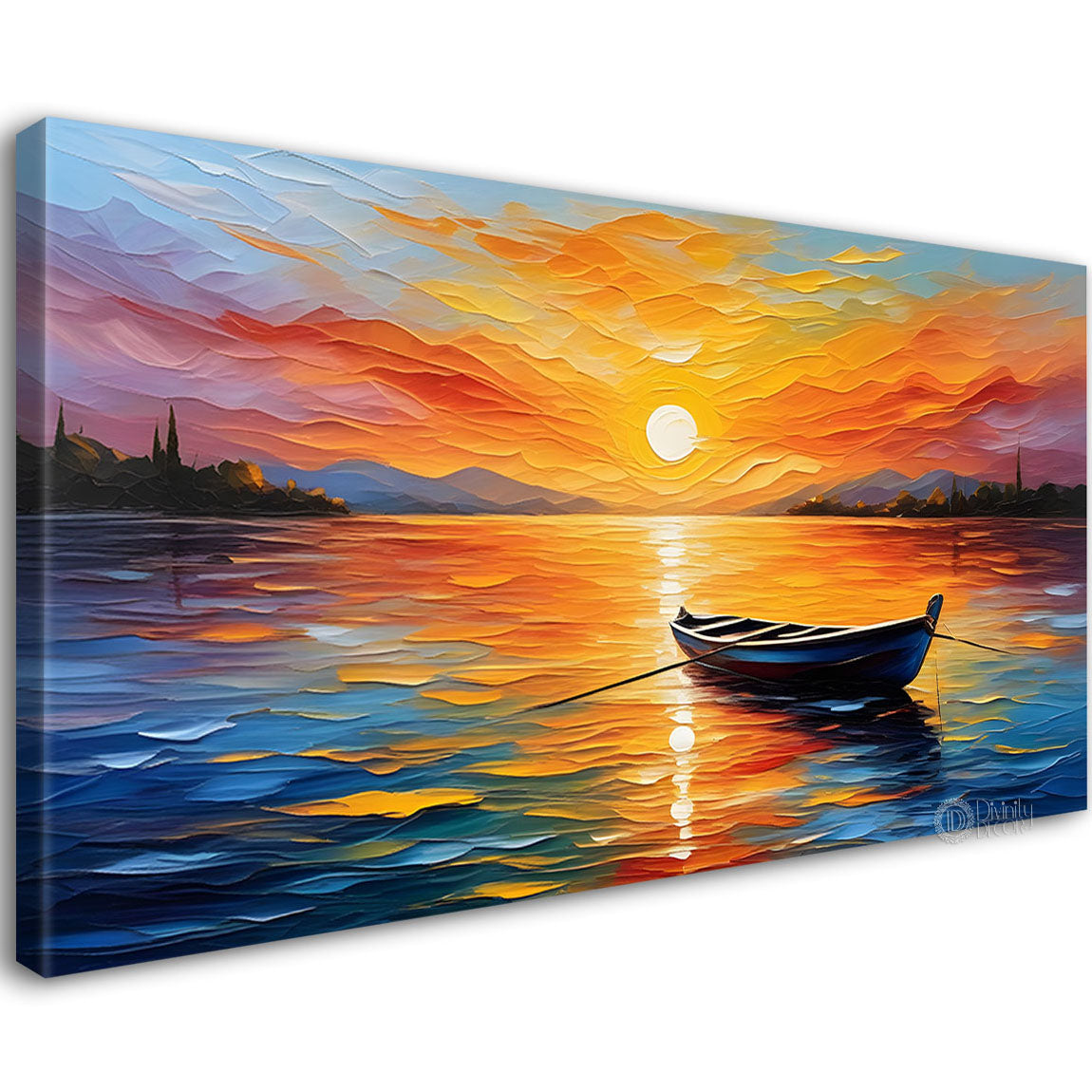 Boat in sea with sunset background  textured modern art canvas painting - Design - River-13
