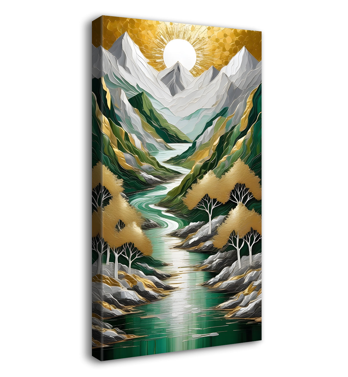 Green mountains with golden treesand white moon textured natural art  Canvas Painting - Nature Art -V-13