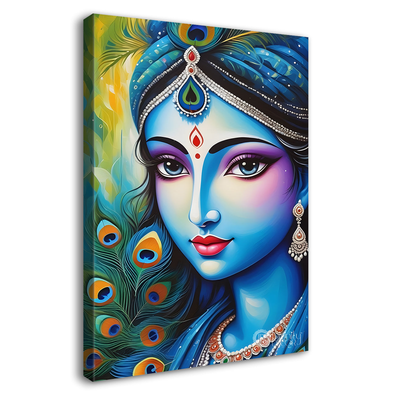 Blue face of krishna in peacock feathers background textured art Canvas Painting - Design - Krishna-V-13