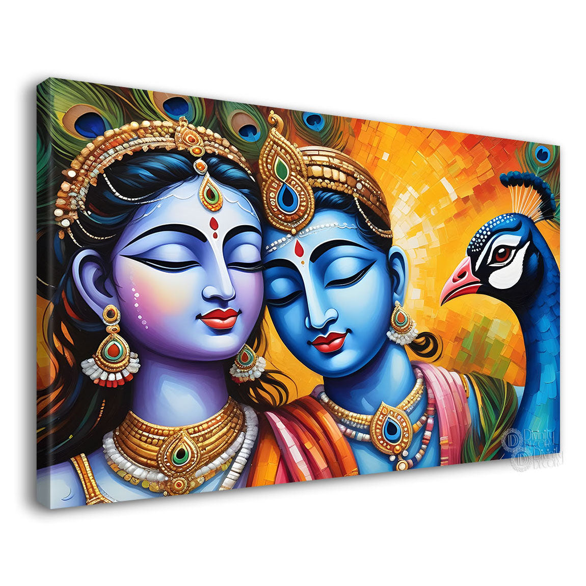 Blue face Krishna and Radha with peacock painting Canvas Painting - Design - Krishna-13