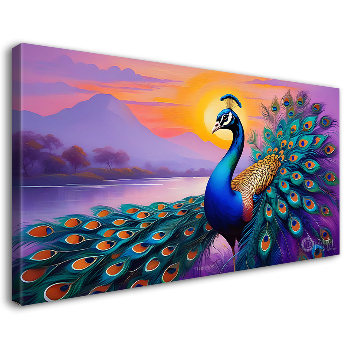 Peacock with purple mountains and flower background Canvas Painting - Design - Peacock-14