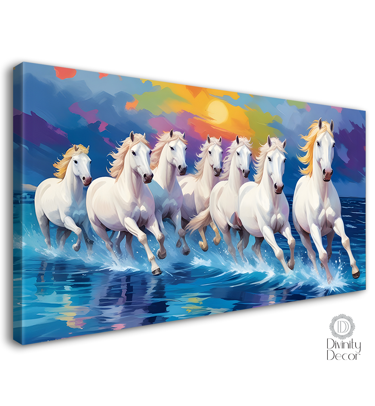 White running horses on the water with colorful textured background art Canvas Painting - Design - Horse-14