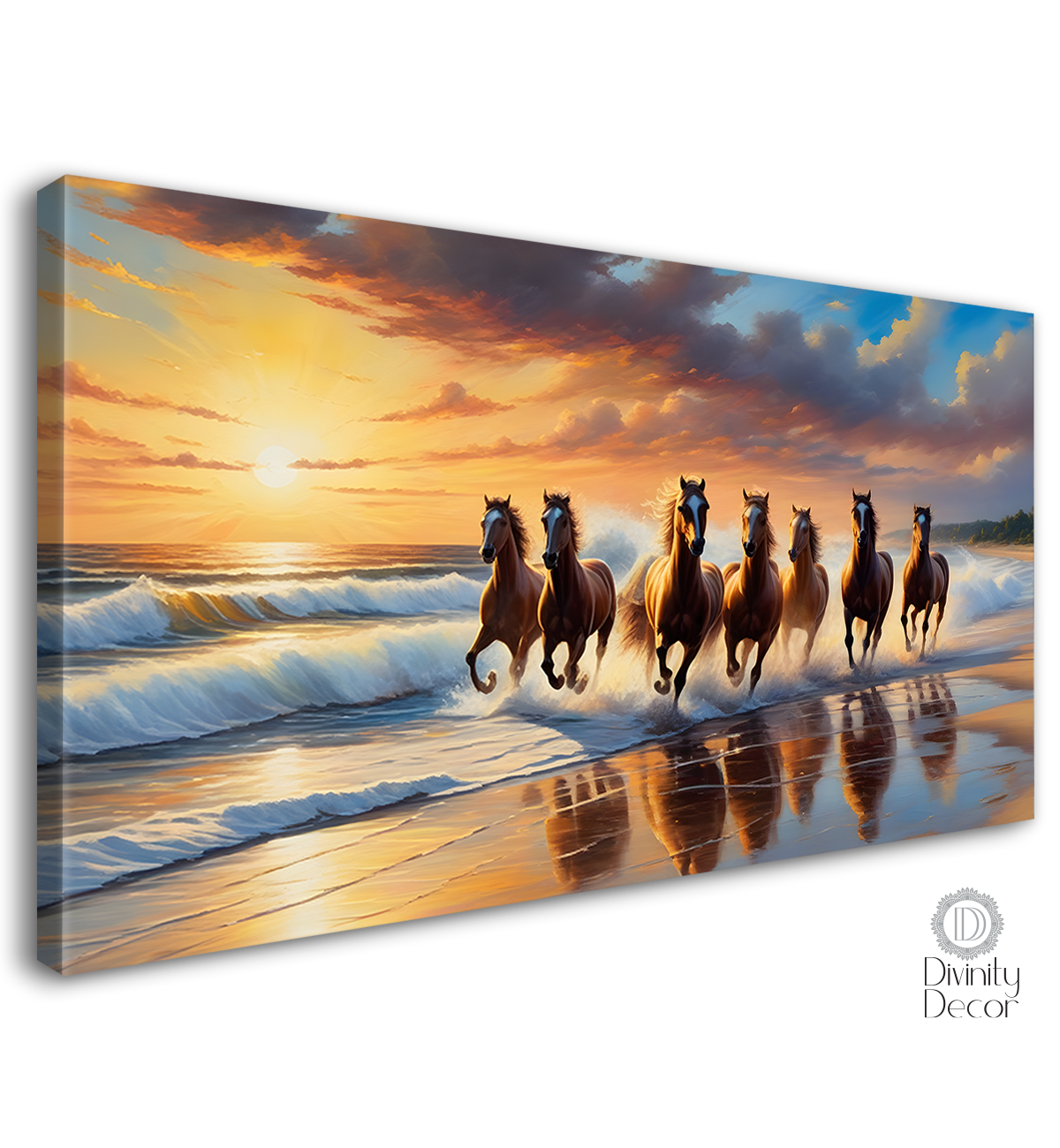 Brown horses running on the water with sunrise textured background art Canvas Painting - Design - Horse-140