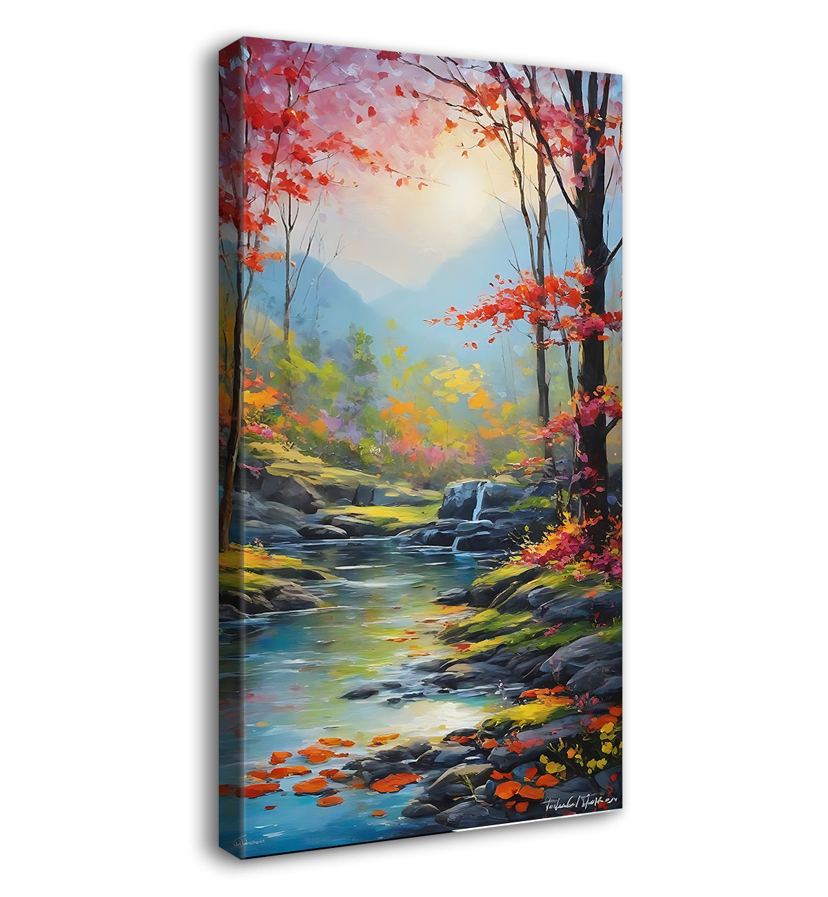 Pink trees with lake and some greenery and flowers in water colour painting Canvas Painting - Nature Art -V-140