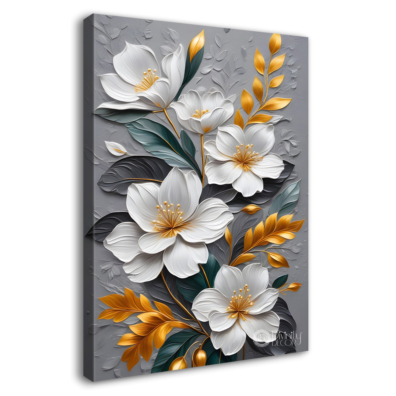 White flowers in grey textured background painting- Flower-V-140