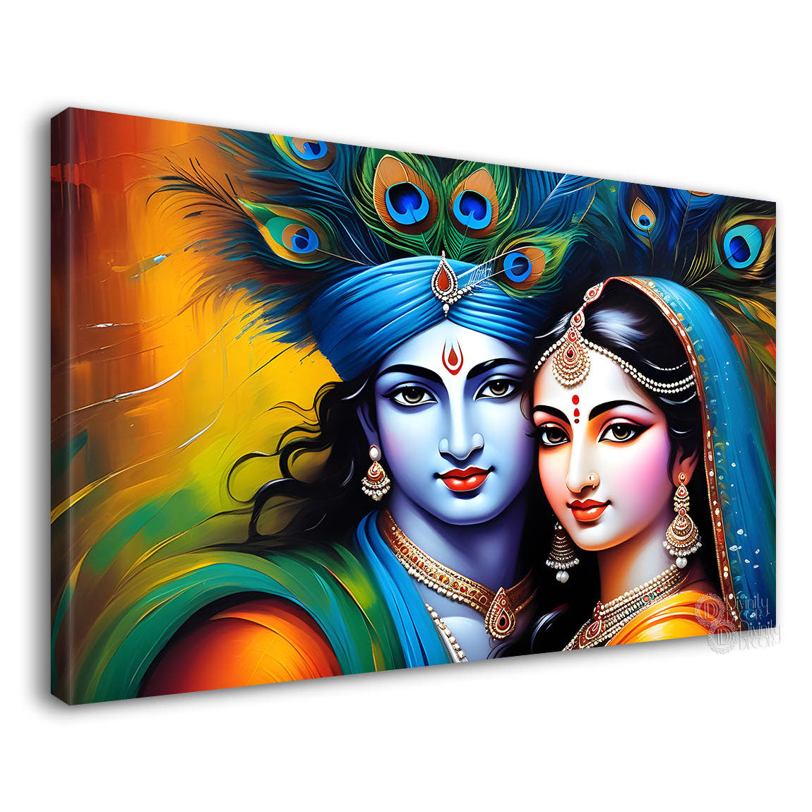 Blue face of Krishna and Radha with yellow and peacock feather background painting Canvas Painting - Design - Krishna-140
