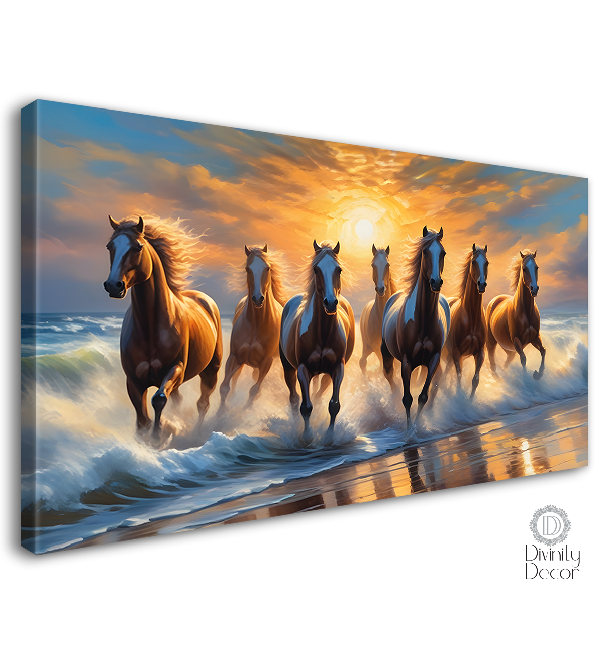 Brown horses running on the water with sunrise textured background art Canvas Painting - Design - Horse-141