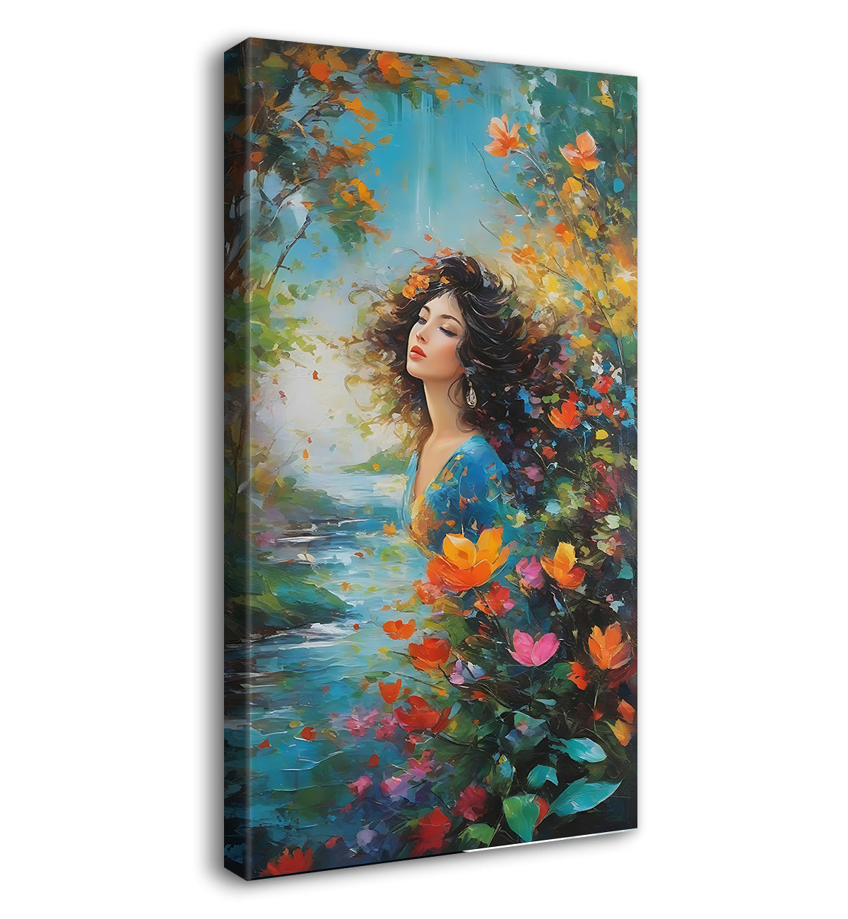 Beautiful girl in colourufl trees in textured water colour painting  Canvas Painting - Nature Art -V-141