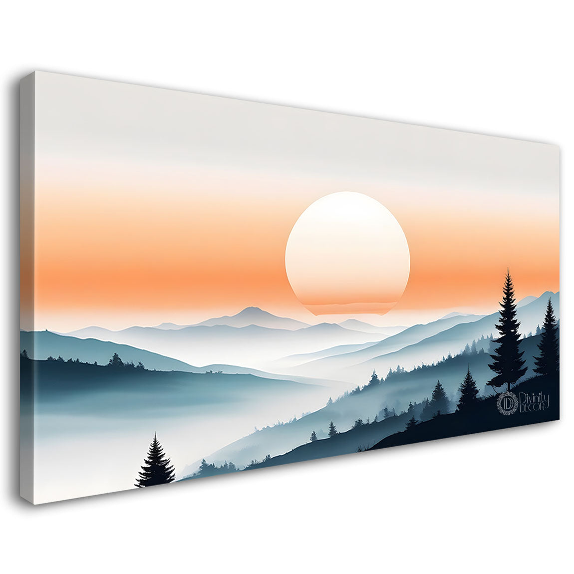 Mountains with trees and river in sunset in textured water color painting Canvas Painting - Nature Art -141