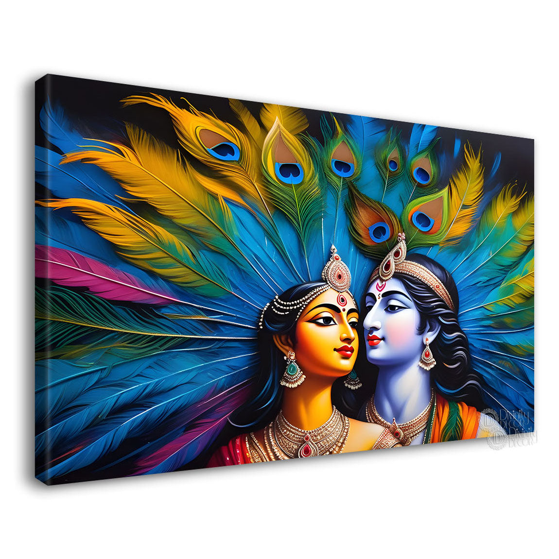Blue face of Krishna and Radha with colorful feathers background painting Canvas Painting - Design - Krishna-141