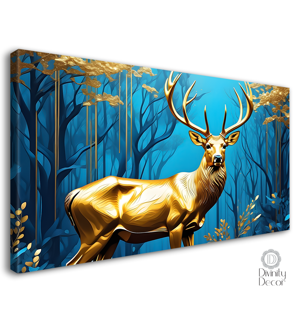 Golden deer with navy blue background textured art.- Design - Animal -141