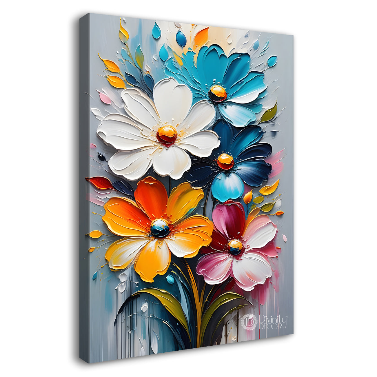 Colourful flowers in grey textured background painting- Flower-V-141