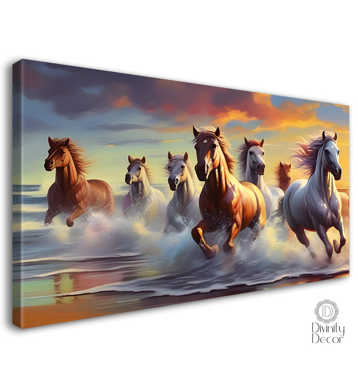 Brown and white horses running on the water with cloudy and yellow textured background art Canvas Painting - Design - Horse-142