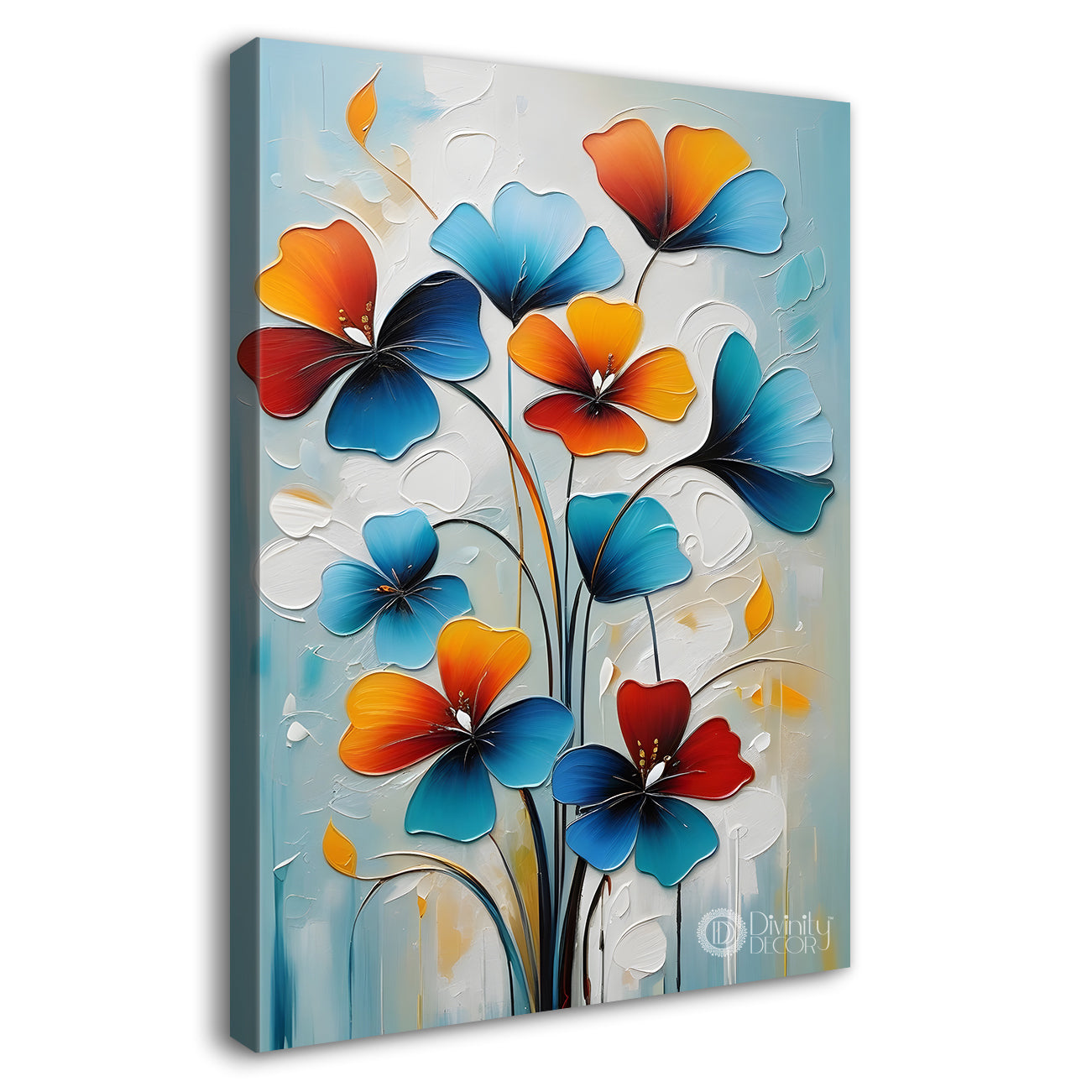 Blue and orange flowers in grey textured background painting- Flower-V-142