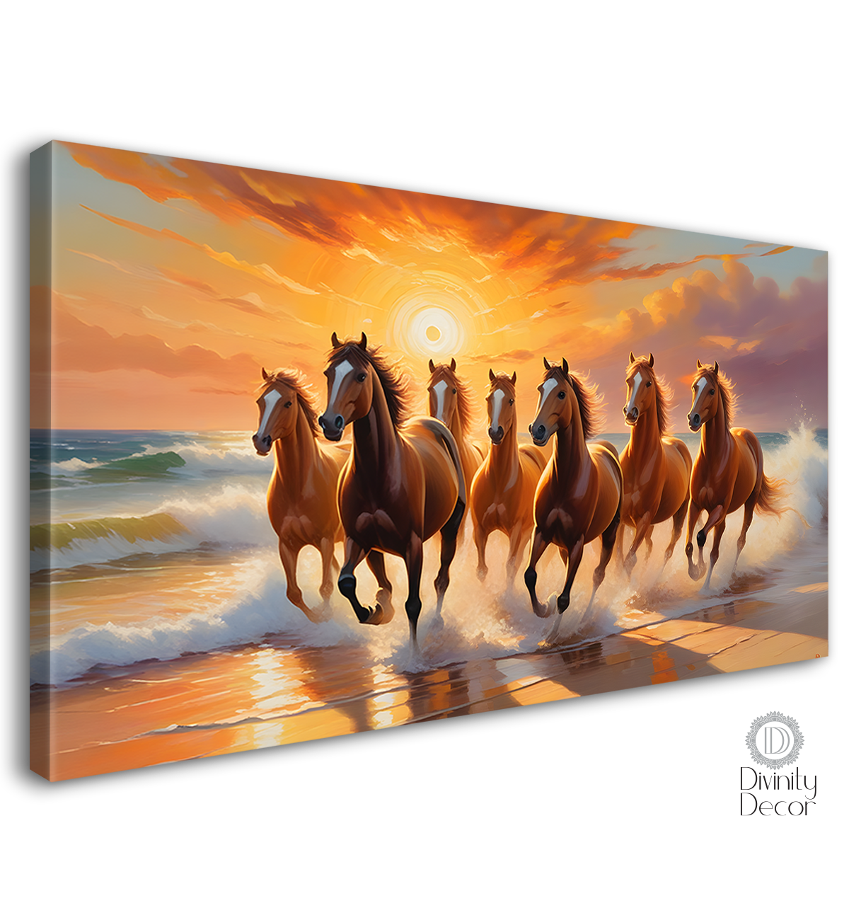 Brown and white horses running on the water with cloudy and sunrise textured background art Canvas Painting - Design - Horse-143