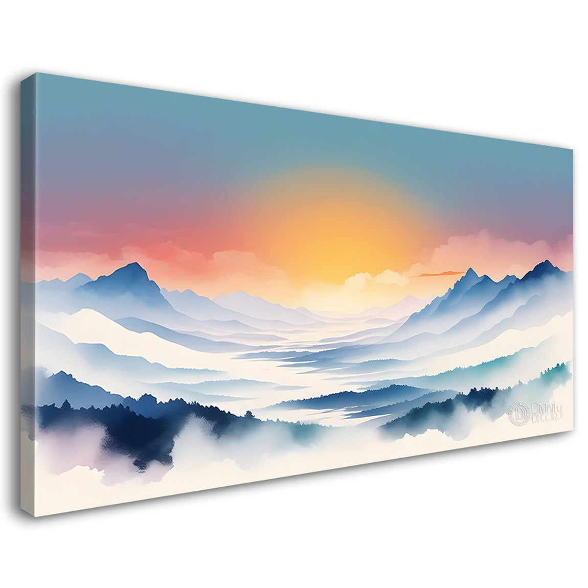 Mountains with clouds and sunrise in textured water color painting Canvas Painting - Nature Art -143