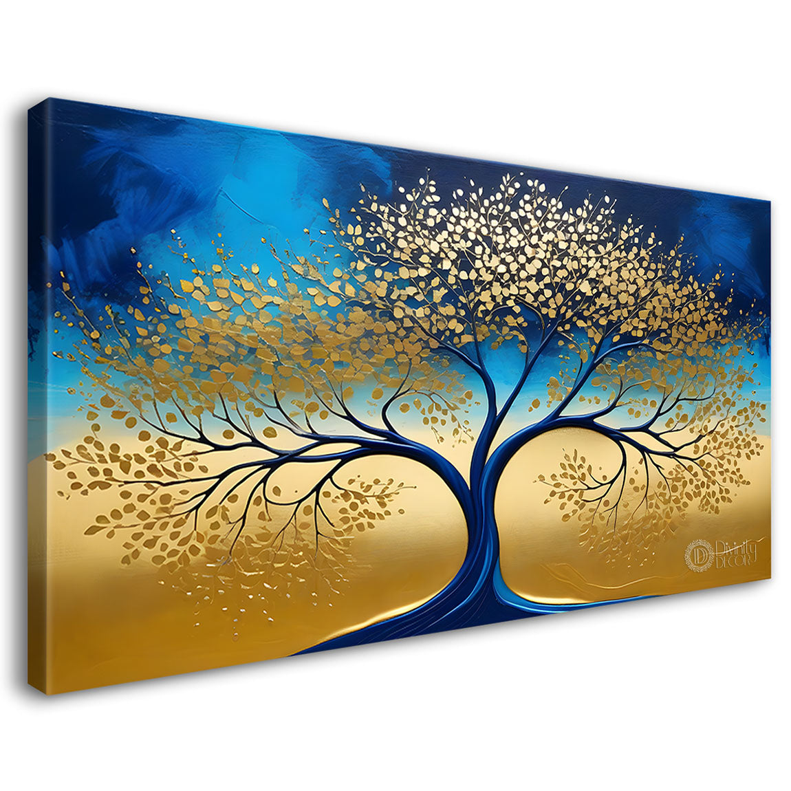 Golden tree in dark blue textured background modern art- Design - Tree-143
