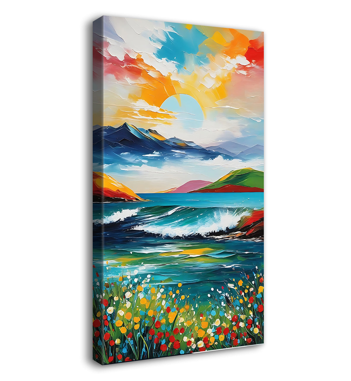 Colourful sky with mountains and lake in textured natural art Canvas Painting - Nature Art -V-143