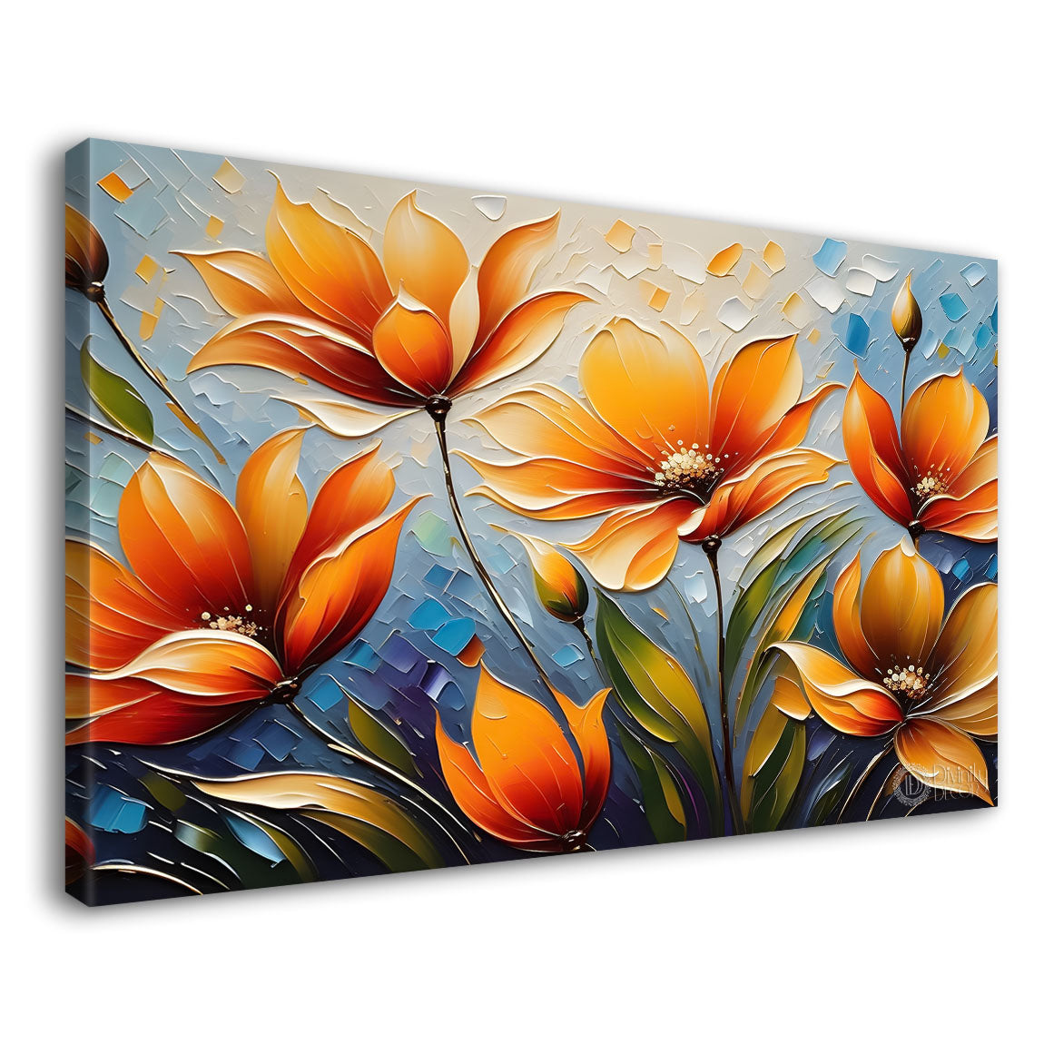 Orange flowers with blue background painting- Design - Flower-143